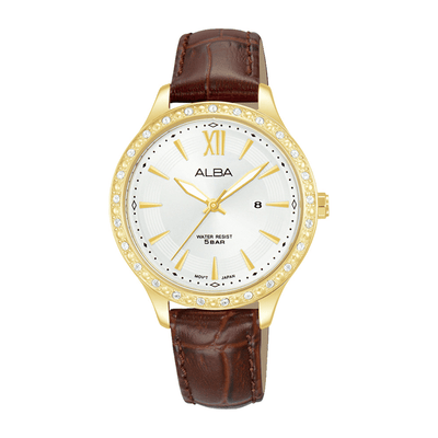 Alba Fashion AH7BY1X White Silver Dial Brown Leather Strap Women Watch