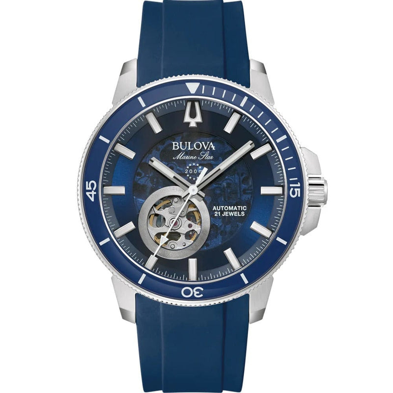 Bulova Marine Star 96A303 Blue Silicone Open Heart Automatic Men Watch