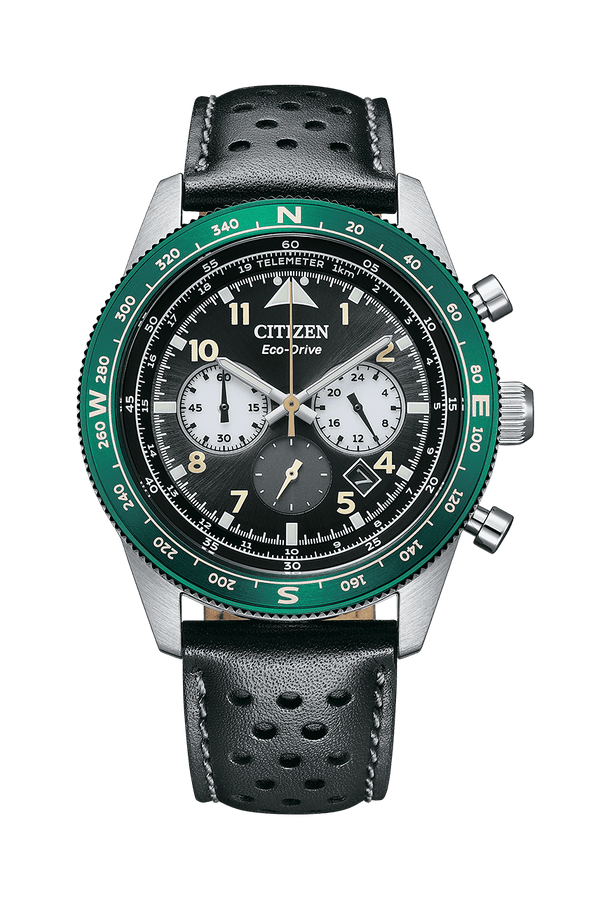 Citizen Eco-Drive CA4558-16E Chronograph Green Bezel Leather Men Watch