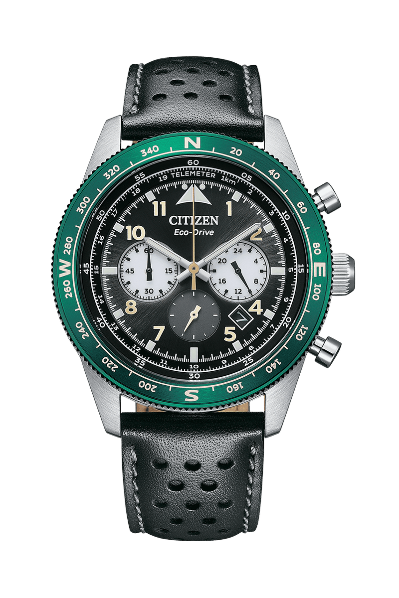 Citizen Eco-Drive CA4558-16E Chronograph Green Bezel Leather Men Watch