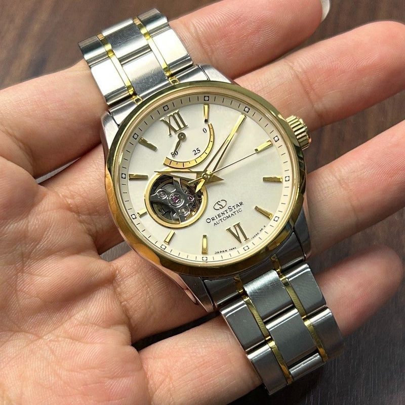 [Pre-Owned] Orient Star Semi-Skeleton Open Heart Silver Gold Automatic Men Watch