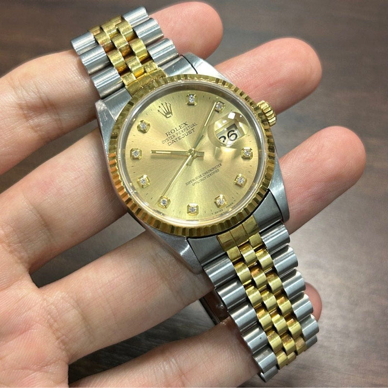 [Pre-Owned] Rolex Datejust 36mm 16233 18k Gold Champagne Diamond Dial Watch