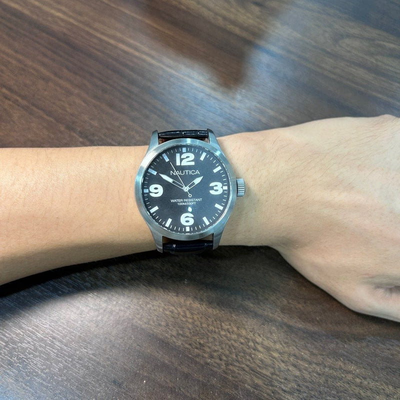 [Pre-Owned] Nautica Black Leather Quartz Men Watch